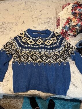Roaman's Blue Fair Isle Crewneck Sweater with Cream and Black Pattern